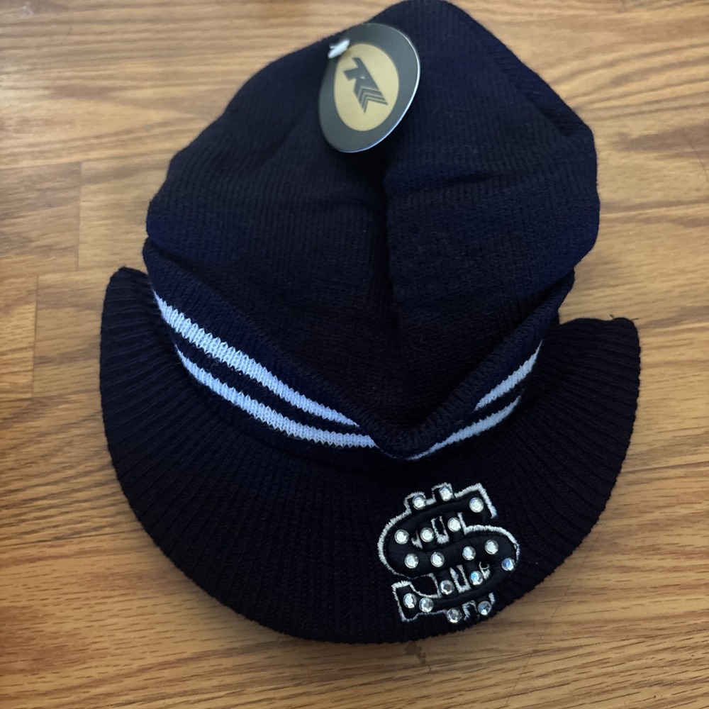 Beanie Cap With Visor Dollar Sign Navy Stripes Acrylic One Size